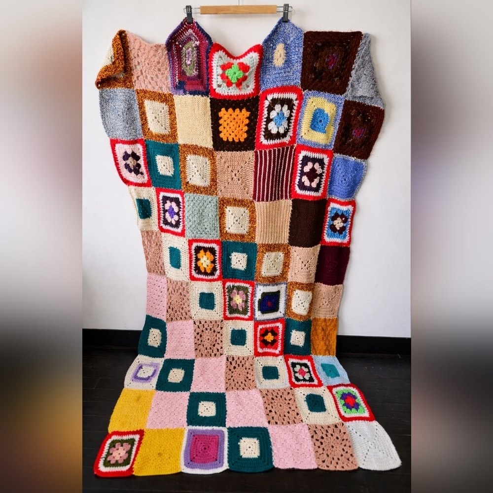 Handmade Afghan Blanket Vintage Granny Square Throw Large